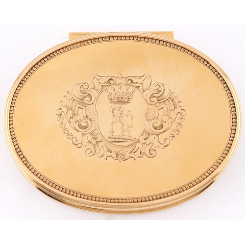 615 - A George II oval gold snuff box, c1720, the lid engraved with crest and coronet of an earl and scaly... 