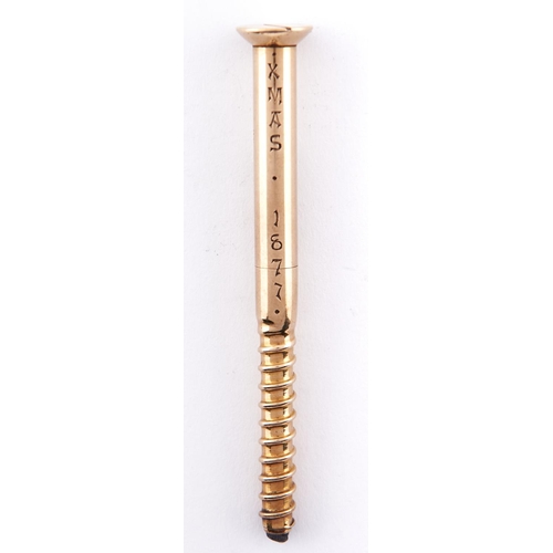 616 - Royal. A Victorian gold woodscrew novelty propelling pencil, Walter Thornhill & Co, dated 1877, ... 