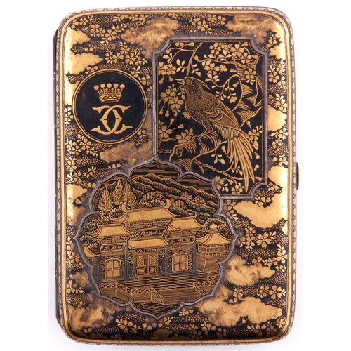 620 - A Japanese damascened cigarette case by Komai, Meiji period, decorated on the front with the entranc... 