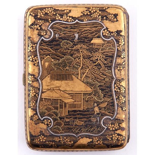 620 - A Japanese damascened cigarette case by Komai, Meiji period, decorated on the front with the entranc... 