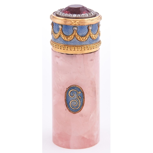 623 - A jewelled gold mounted, guilloche and rose quartz set scent bottle, c1900, probably French or Russi... 