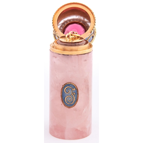 623 - A jewelled gold mounted, guilloche and rose quartz set scent bottle, c1900, probably French or Russi... 