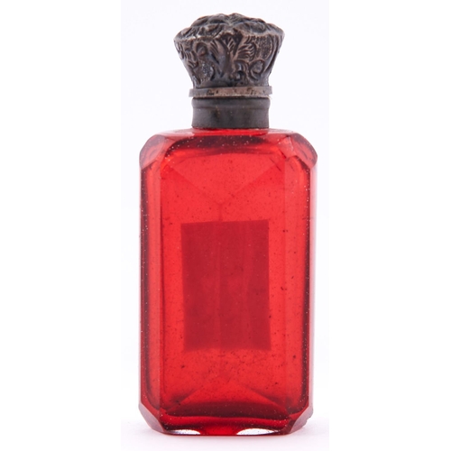 626 - A Victorian silver mounted ruby glass scent bottle, c1880, 7cm h, unmarked