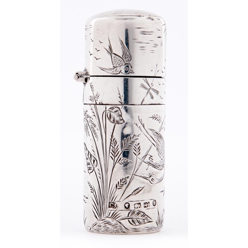 630 - A Victorian aesthetic silver scent bottle, engraved with birds and foliage, stopper, 57mm h, by C H ... 