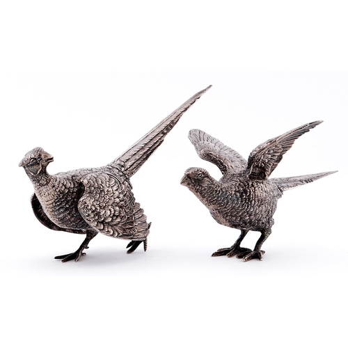 660 - A pair of Elizabeth II silver pheasant table ornaments, 15 and 14cm l, by Edward Barnard and Sons Li... 