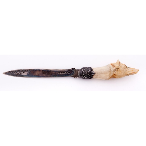 672 - A Victorian silver letter knife, the bone handle carved as the head of a fox, 20.5cm l, by John Gilb... 