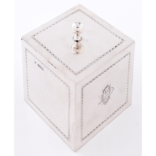 704 - An Edward VII bright cut silver cube tea caddy, with ball finial, 11cm h, by W Hutton & Sons Lim... 