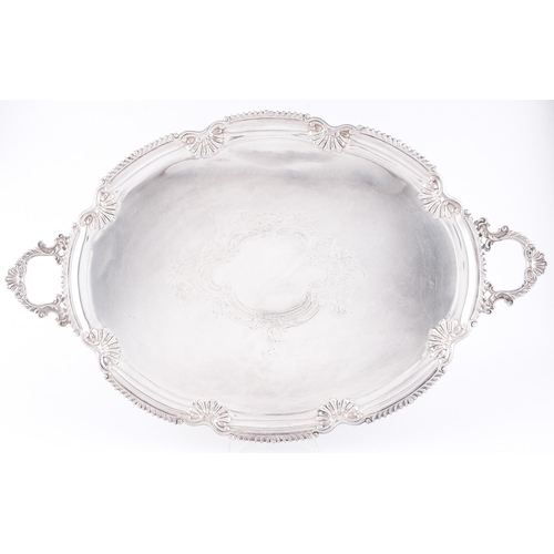 741 - A Victorian gadrooned oval EPNS tea tray, c1900, 75cm l, by Joshua Maxfield & Sons, maker's mark... 