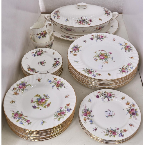 751 - A Minton Marlow pattern part dinner service, printed with floral sprays, spiral fluted borders, comp... 