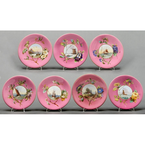 767 - A William Brownfield bone china dessert service, c1860, painted with central shipping scene in raise... 