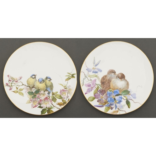 797 - A pair of Davenport bone china dessert plates, c1880, one painted with a family of three blue tits, ... 