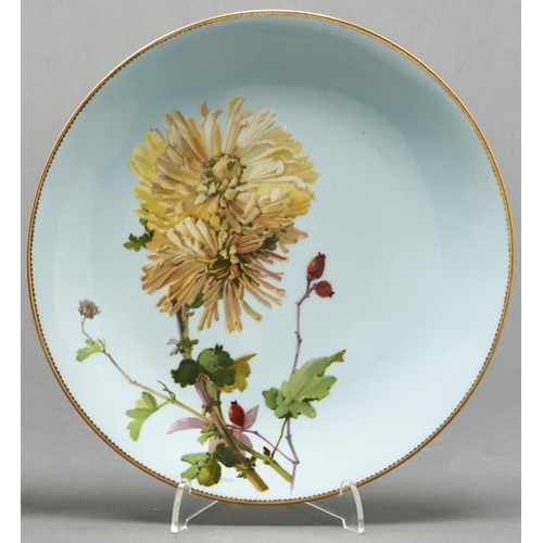 800 - A Minton bone china plate, c1880, painted by R Pilsbury, signed, with a yellow chrysanthemum on a du... 