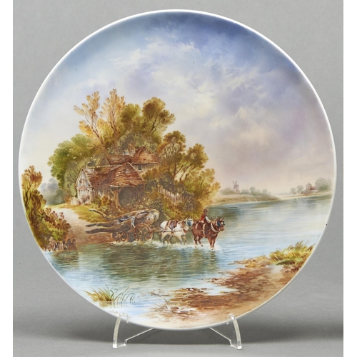 801 - A Copeland plate, c1885, painted by J Birbeck, signed, with a timber wagon fording a river, 24.5cm d... 