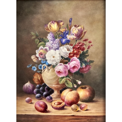 832 - An English porcelain plaque painted by Milwyn Holloway (1940 - 2020) with fruit and flowers, signed,... 