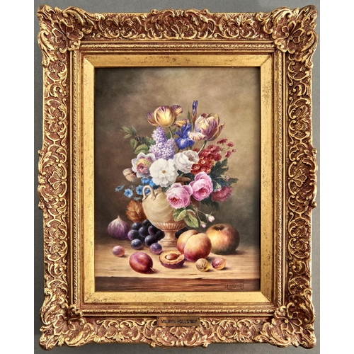 832 - An English porcelain plaque painted by Milwyn Holloway (1940 - 2020) with fruit and flowers, signed,... 