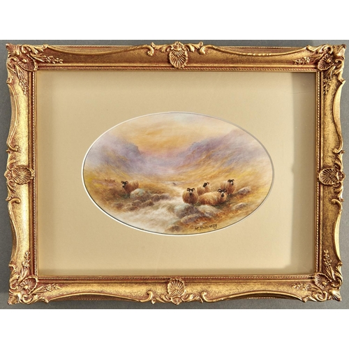 833 - An English porcelain oval plaque painted by Milwyn Holloway (1940-2020) with sheep by a Highland bur... 