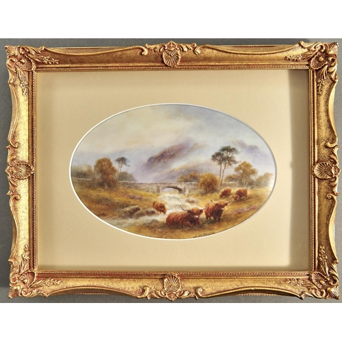 834 - An English porcelain oval plaque painted by Milwyn Holloway (1940-2020) with highland cattle, signed... 