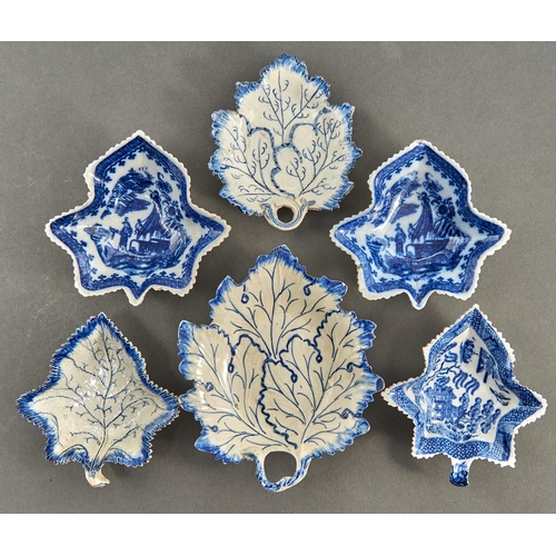 846 - Four and a pair of leaf shaped pearlware pickle dishes, c1790 and early 19th c, the pair transfer pr... 