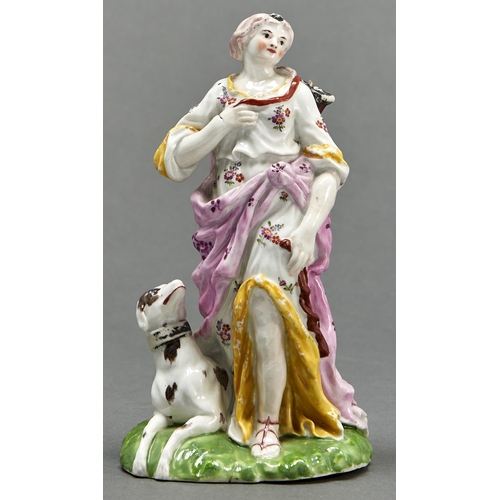 862 - A Thuringian figure of Diana the Huntress, c1780, in flowered gown, holding a bow in her left hand, ... 