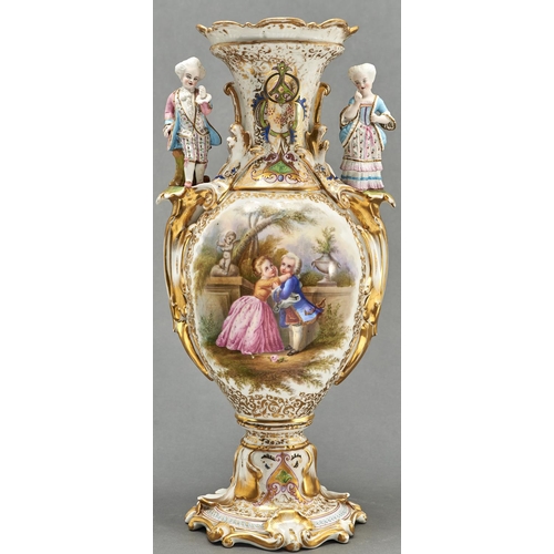 866 - A French porcelain vase, c1870, with polychrome biscuit porcelain boy and girl figural handles, pain... 