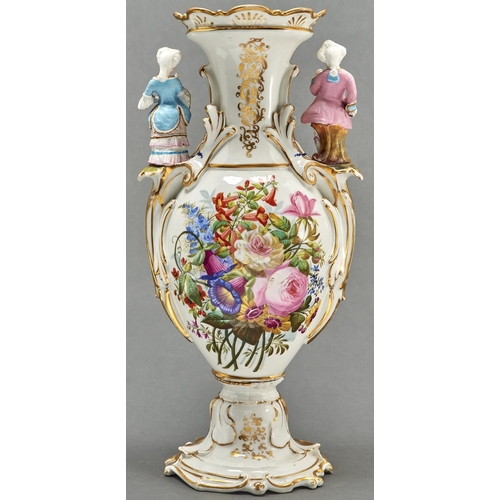 866 - A French porcelain vase, c1870, with polychrome biscuit porcelain boy and girl figural handles, pain... 