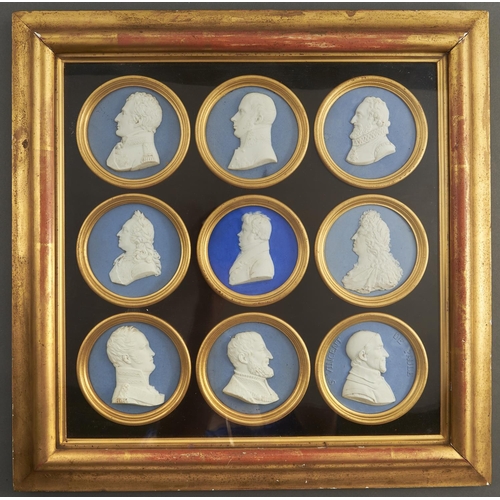 872 - Nine Sevres and Paris pale or deep blue-washed biscuit porcelain portrait medallions of eminent men,... 