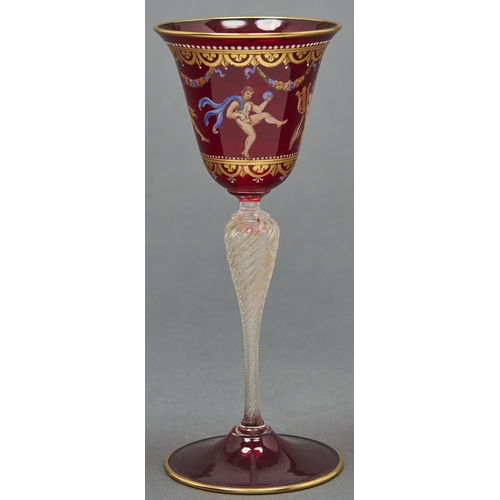 888 - A Venetian drinking glass, 20th c, the enamelled and gilt bell shaped bowl with a continuous bacchan... 