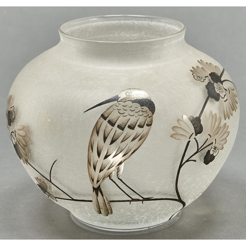 898 - A Daum enamelled glass vase, c1925, etched and painted in pale pink and black enamel with a bird and... 