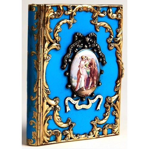 622 - A French diamond and gold and enamel mounted book shaped double miniature frame, 19th c, with two en... 