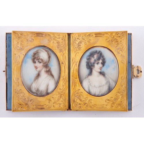 622 - A French diamond and gold and enamel mounted book shaped double miniature frame, 19th c, with two en... 