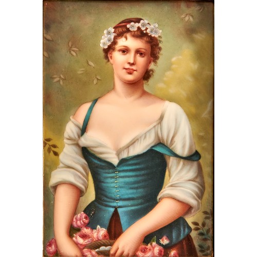 852 - A German porcelain plaque, c1900, painted with a young woman gathering roses, 15.5 x 10cm, red print... 