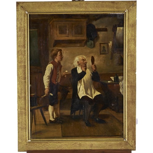 1277 - R Muller, 19th c - The Unfortunate Barber, signed (in red), oil on canvas, 62 x 47.5cm... 
