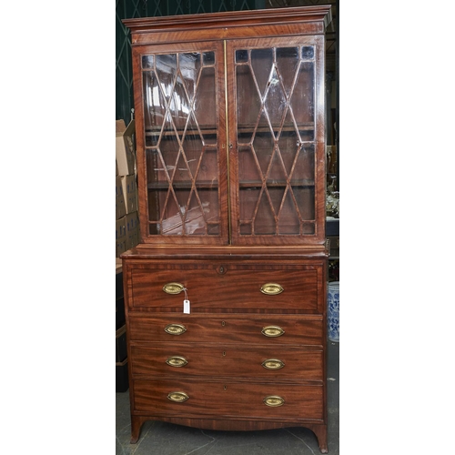 1465 - A George III mahogany secretaire bookcase, early 19th c, the upper part fitted with adjustable shelv... 