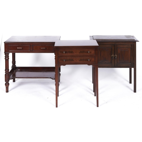 1512 - A mahogany two drawer side table, 20th c, 53cm l, another table and a stained oak two door cupboard ... 