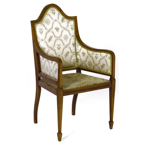 1530 - A Victorian mahogany bergere, line inlaid with satinwood, on square tapering forelegs, seat height 4... 