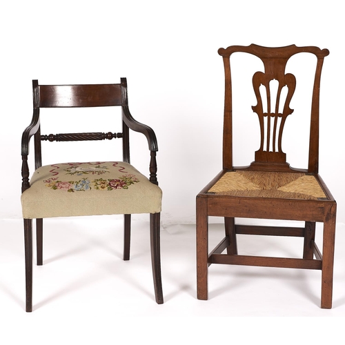 1540 - A Regency mahogany elbow chair, c1820, with rope back rail, on sabre legs, seat height 46cm and a Ge... 