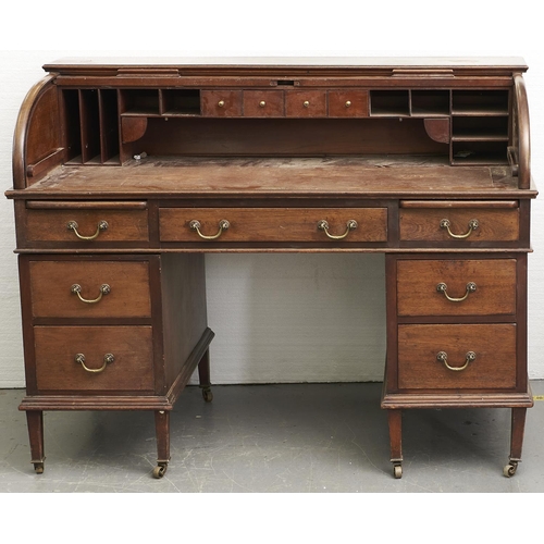 1549 - An Edwardian mahogany tambour topped desk, c1905, the rectangular top above a tambour cover revealin... 