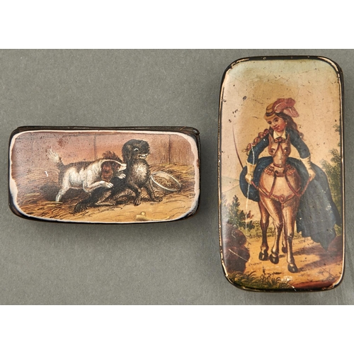 1005 - Two Victorian papier mache snuff boxes, c1840, the lid printed and painted with a risque scene of a ... 