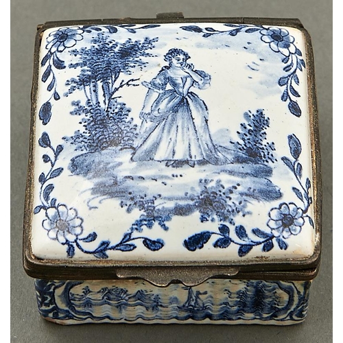 1007 - A Continental tinglazed earthenware square box, c1900, painted in 18th c Dutch style silvered metal ... 