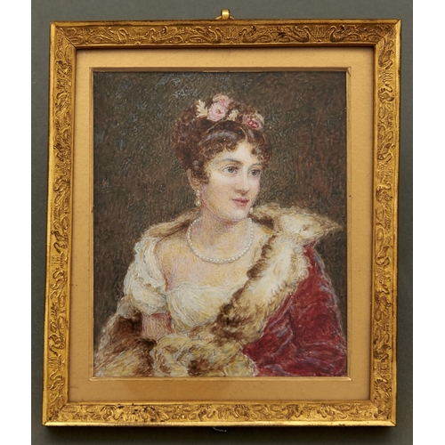 1014 - Attributed to Mary Pitts, ARMS (exhibited 1893-1929) - Portrait Miniature of a Lady, in a red dress ... 