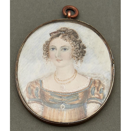 1025 - English School - Portrait Miniature of a Lady, bust length in a green and light brown dress and jewe... 