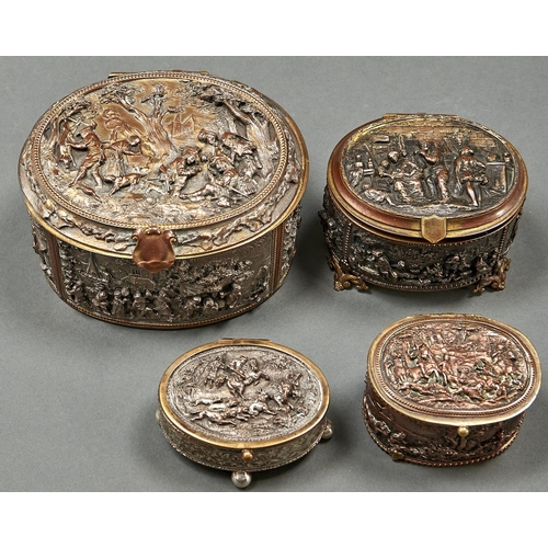1029 - Four similar graduated oval French electrotype jewel caskets, late 19th c, 13.5cm l and smaller, mar... 