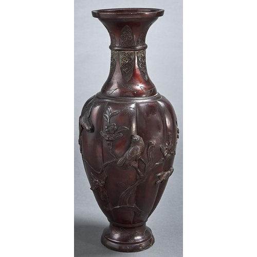 1052 - A Japanese bronze vase, Meiji period, lobed oviform and applied finches and blossom, russet patina, ... 