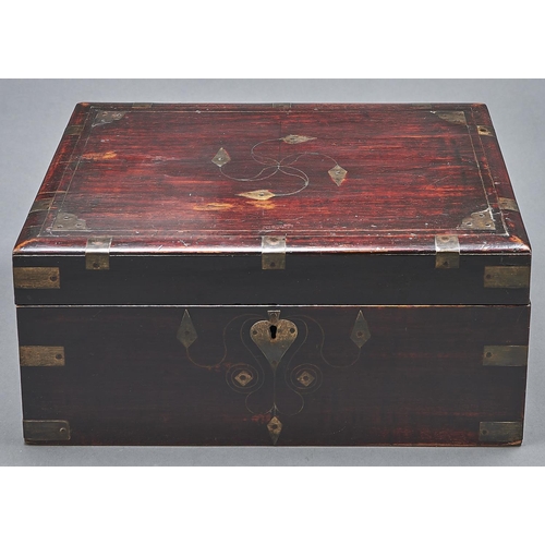 1055 - An Anglo-Indian brass inlaid and stained wood writing box, early 20th c, with fitted interior, 44.5c... 