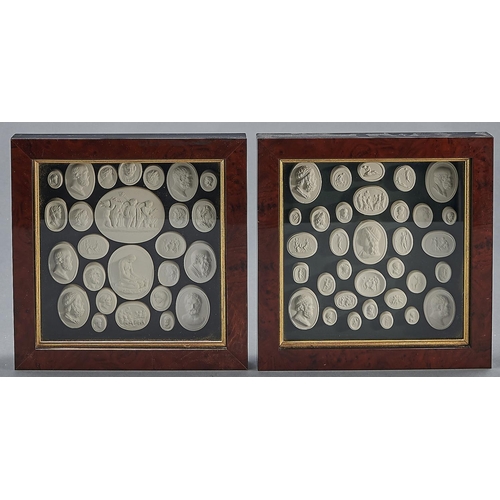 1060 - Fifty nine plaster casts of classical and later engraved gems,  in pair of modern yew veneered ... 