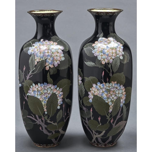 1065 - A pair of Japanese cloisonné enamel hexagonal vases, Meiji period, decorated with hydrangea, ... 