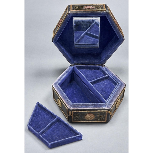 1067 - A japanned hexagonal jewel box, with Chinese carved soapstone and other appliques, late 19th / early... 