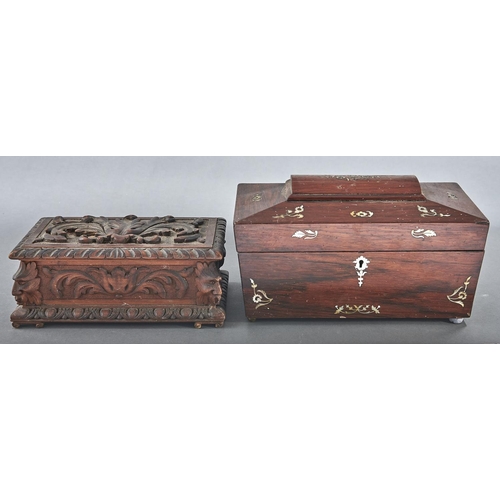 1072 - An early Victorian rosewood and mother of pearl inlaid tea caddy, of sarcophagus shape with fitted i... 