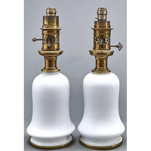 1073 - A pair of Victorian brass mounted opal glass oil lamps, Bright (late Argand & Co) 37 Bruton St P... 