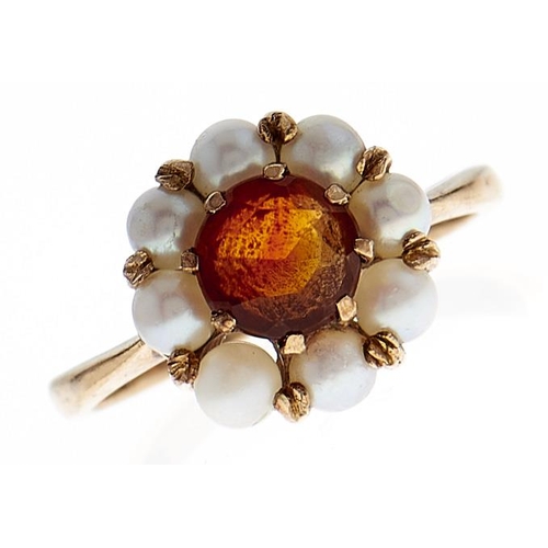 108 - A citrine and cultured pearl cluster ring, in 9ct gold, 3g, size L